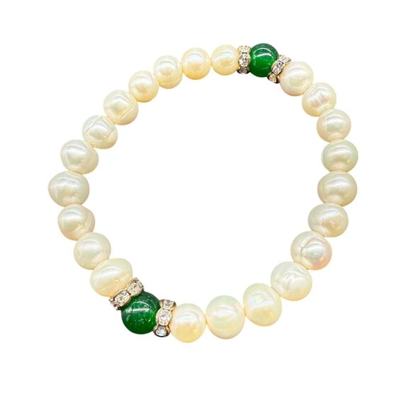 Cream Green Pearl Beaded Rhinestone Stretch Bangle Bracelet Minimalist - Picture 1 of 4